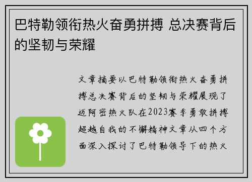 巴特勒领衔热火奋勇拼搏 总决赛背后的坚韧与荣耀
